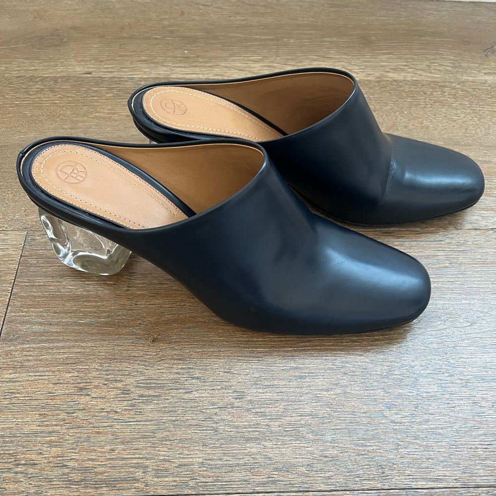 The Row Adela Leather Blue Mules with Lucite Block Heel | size 39.5
